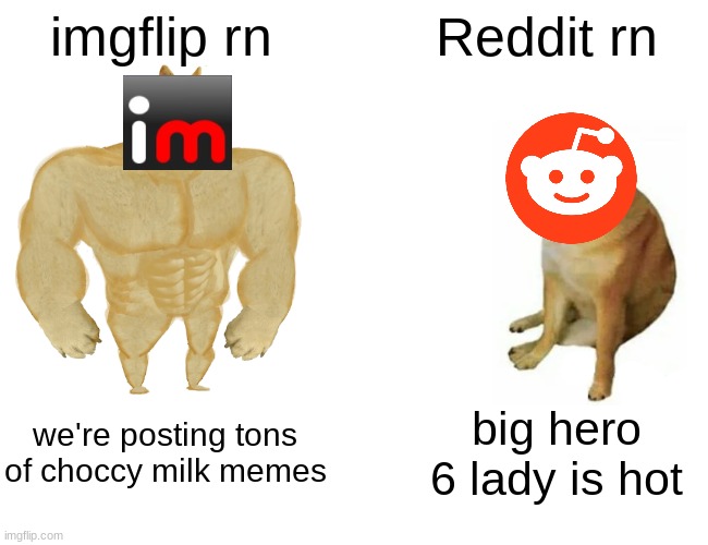 get that horni outta here | imgflip rn; Reddit rn; we're posting tons of choccy milk memes; big hero 6 lady is hot | image tagged in memes,buff doge vs cheems | made w/ Imgflip meme maker