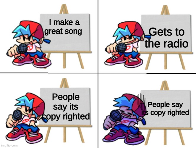 We can relate to that | Gets to the radio; I make a great song; People say its copy righted; People say its copy righted | image tagged in the bf's plan,music,copyright,memes,relatable | made w/ Imgflip meme maker