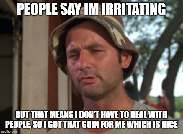 So I Got That Goin For Me Which Is Nice | PEOPLE SAY IM IRRITATING; BUT THAT MEANS I DON'T HAVE TO DEAL WITH PEOPLE, SO I GOT THAT GOIN FOR ME WHICH IS NICE | image tagged in memes,so i got that goin for me which is nice | made w/ Imgflip meme maker