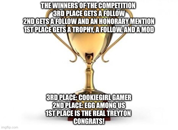 The winner is.... | THE WINNERS OF THE COMPETITION 
3RD PLACE GETS A FOLLOW
2ND GETS A FOLLOW AND AN HONORARY MENTION
1ST PLACE GETS A TROPHY, A FOLLOW, AND A MOD; 3RD PLACE: COOKIEGIRL GAMER
2ND PLACE: EGG AMONG US
1ST PLACE IS THE REAL TREYTON 
CONGRATS! | image tagged in trophy,mr cheese competition | made w/ Imgflip meme maker