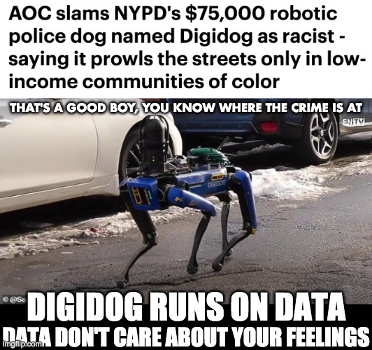 Too late to take back 'defund the police', libtards! | THAT'S A GOOD BOY, YOU KNOW WHERE THE CRIME IS AT; DIGIDOG RUNS ON DATA; DATA DON'T CARE ABOUT YOUR FEELINGS | image tagged in nypd,aoc,digidog,racist | made w/ Imgflip meme maker
