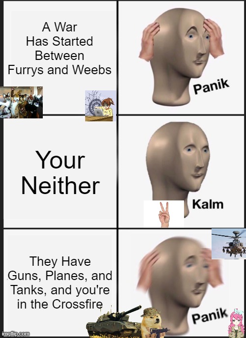 Weeb v.s Furry War | A War Has Started Between Furrys and Weebs; Your Neither; They Have Guns, Planes, and Tanks, and you're in the Crossfire | image tagged in memes,panik kalm panik,furry,weeb | made w/ Imgflip meme maker