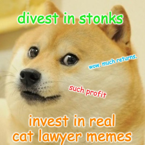 Doge Meme | divest in stonks; wow. much returns. such profit; invest in real cat lawyer memes | image tagged in memes,doge | made w/ Imgflip meme maker