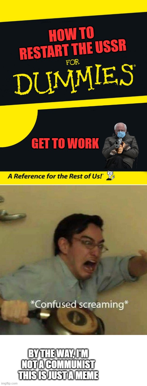 Restart the USSR | HOW TO RESTART THE USSR; GET TO WORK; BY THE WAY, I'M NOT A COMMUNIST THIS IS JUST A MEME | image tagged in for dummies,confused screaming,ussr,bernie sanders | made w/ Imgflip meme maker