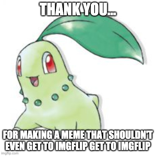Chikorita | THANK YOU... FOR MAKING A MEME THAT SHOULDN'T EVEN GET TO IMGFLIP GET TO IMGFLIP | image tagged in chikorita | made w/ Imgflip meme maker