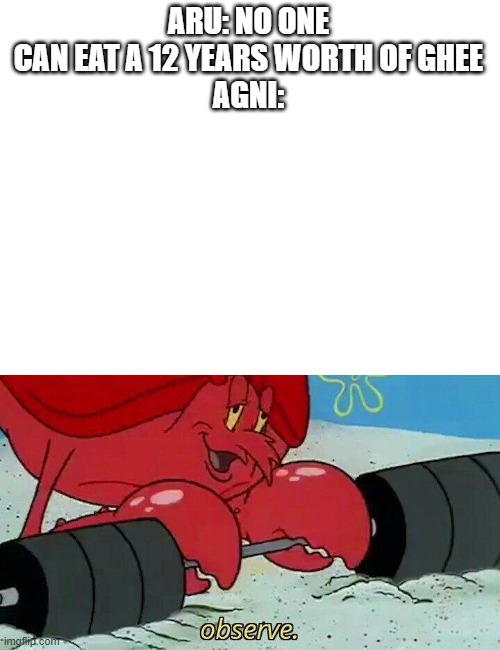 Indigestion intesifies | ARU: NO ONE CAN EAT A 12 YEARS WORTH OF GHEE
AGNI: | image tagged in blank white template,observe | made w/ Imgflip meme maker