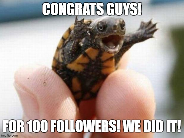 we did it bois! | CONGRATS GUYS! FOR 100 FOLLOWERS! WE DID IT! | image tagged in happy baby turtle,cyan_official,100 followers | made w/ Imgflip meme maker