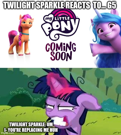 TWILIGHT SPARKLE REACTS  TO... G5; TWILIGHT SPARKLE: UM I- YOU'RE REPLACING ME HUH | image tagged in mlp,my little pony,twilight sparkle,mlp g5,g5 | made w/ Imgflip meme maker