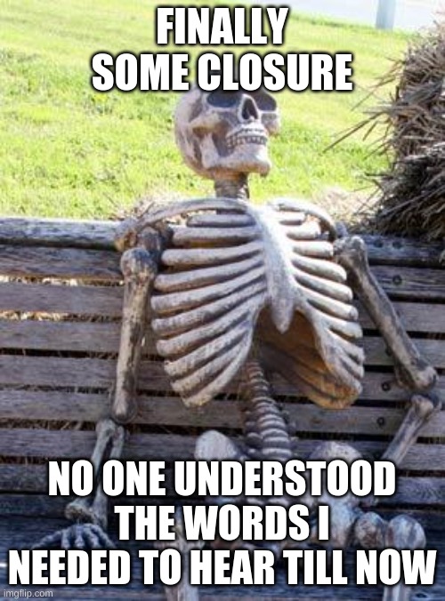 Waiting Skeleton Meme | FINALLY SOME CLOSURE NO ONE UNDERSTOOD THE WORDS I NEEDED TO HEAR TILL NOW | image tagged in memes,waiting skeleton | made w/ Imgflip meme maker