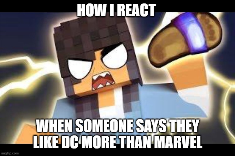 sorry i havent posted in a while | HOW I REACT; WHEN SOMEONE SAYS THEY LIKE DC MORE THAN MARVEL | image tagged in aphmau memes | made w/ Imgflip meme maker