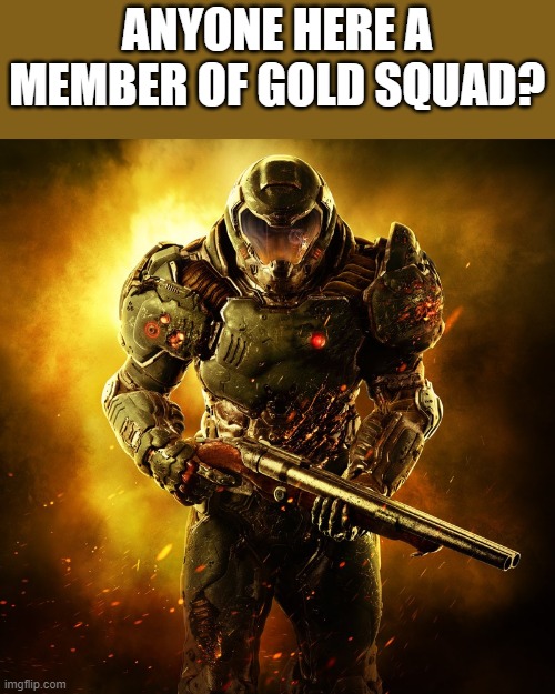 Doomguy | ANYONE HERE A MEMBER OF GOLD SQUAD? | image tagged in doomguy | made w/ Imgflip meme maker