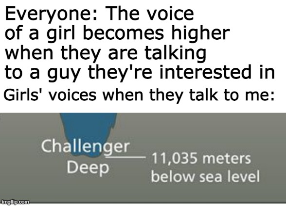 And that's why I'm on Imgflip | Everyone: The voice of a girl becomes higher when they are talking to a guy they're interested in; Girls' voices when they talk to me: | image tagged in single,girls,funny memes,rejection | made w/ Imgflip meme maker
