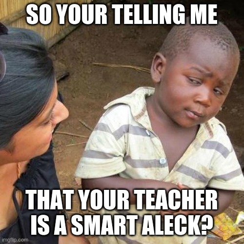 Third World Skeptical Kid Meme | SO YOUR TELLING ME THAT YOUR TEACHER IS A SMART ALECK? | image tagged in memes,third world skeptical kid | made w/ Imgflip meme maker