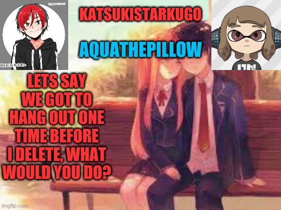 KatsukiStarkugoXAquathepillow | LETS SAY WE GOT TO HANG OUT ONE TIME BEFORE I DELETE, WHAT WOULD YOU DO? | image tagged in katsukistarkugoxaquathepillow | made w/ Imgflip meme maker