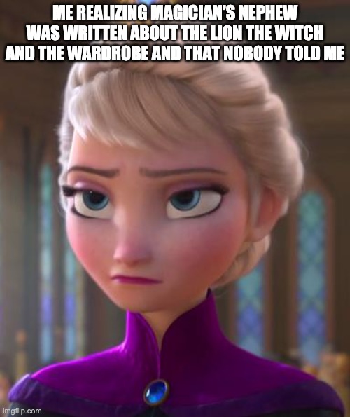 Seriously face  | ME REALIZING MAGICIAN'S NEPHEW WAS WRITTEN ABOUT THE LION THE WITCH AND THE WARDROBE AND THAT NOBODY TOLD ME | image tagged in seriously face | made w/ Imgflip meme maker