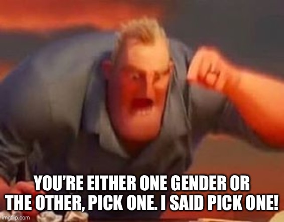 Mr incredible mad | YOU’RE EITHER ONE GENDER OR THE OTHER, PICK ONE. I SAID PICK ONE! | image tagged in mr incredible mad | made w/ Imgflip meme maker