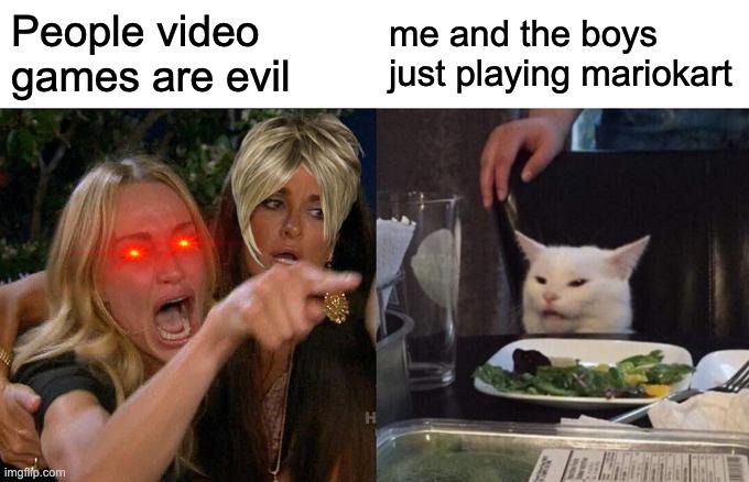 Yeet | People video games are evil; me and the boys just playing mariokart | image tagged in memes,woman yelling at cat | made w/ Imgflip meme maker