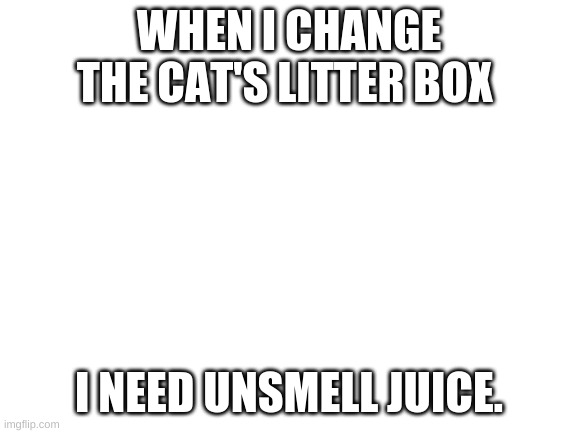 Blank White Template | WHEN I CHANGE THE CAT'S LITTER BOX; I NEED UNSMELL JUICE. | image tagged in blank white template | made w/ Imgflip meme maker