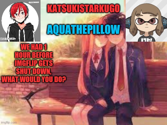 KatsukiStarkugoXAquathepillow | WE HAD 1 HOUR BEFORE IMGFLIP GETS SHUT DOWN, WHAT WOULD YOU DO? | image tagged in katsukistarkugoxaquathepillow | made w/ Imgflip meme maker