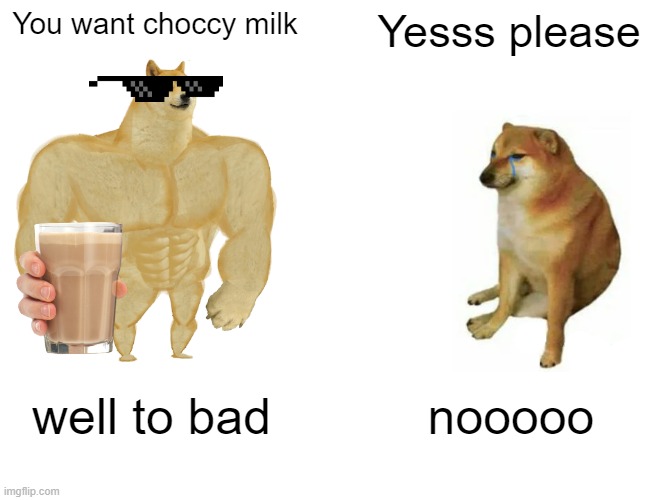 Buff Doge vs. Cheems | You want choccy milk; Yesss please; well to bad; nooooo | image tagged in memes,buff doge vs cheems | made w/ Imgflip meme maker