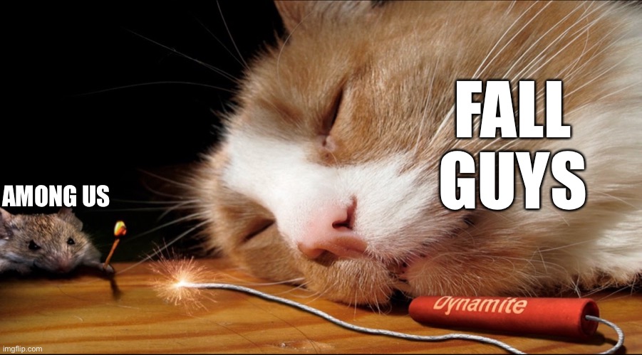 Mouse exploding a cat | FALL GUYS; AMONG US | image tagged in mouse exploding a cat | made w/ Imgflip meme maker