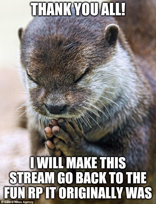 thanks y'all | THANK YOU ALL! I WILL MAKE THIS STREAM GO BACK TO THE FUN RP IT ORIGINALLY WAS | image tagged in thank you lord otter | made w/ Imgflip meme maker