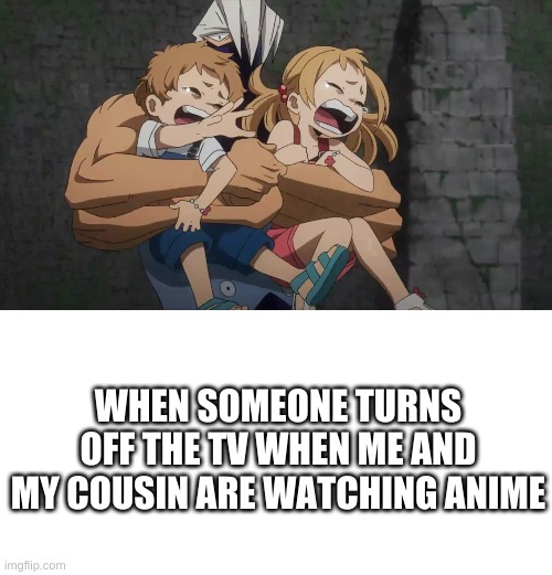 so true tho | WHEN SOMEONE TURNS OFF THE TV WHEN ME AND MY COUSIN ARE WATCHING ANIME | image tagged in blank white template,anime,mha,mha movie,bnha | made w/ Imgflip meme maker