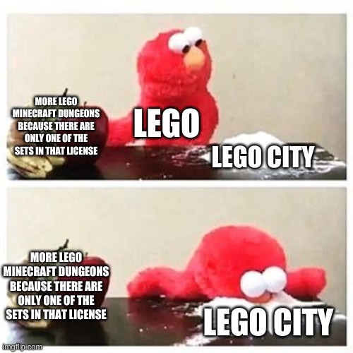 ok im real here dungeon sold just as well as minecraft did at game release | MORE LEGO MINECRAFT DUNGEONS BECAUSE THERE ARE ONLY ONE OF THE SETS IN THAT LICENSE; LEGO; LEGO CITY; MORE LEGO MINECRAFT DUNGEONS BECAUSE THERE ARE ONLY ONE OF THE SETS IN THAT LICENSE; LEGO CITY | image tagged in elmo cocaine | made w/ Imgflip meme maker