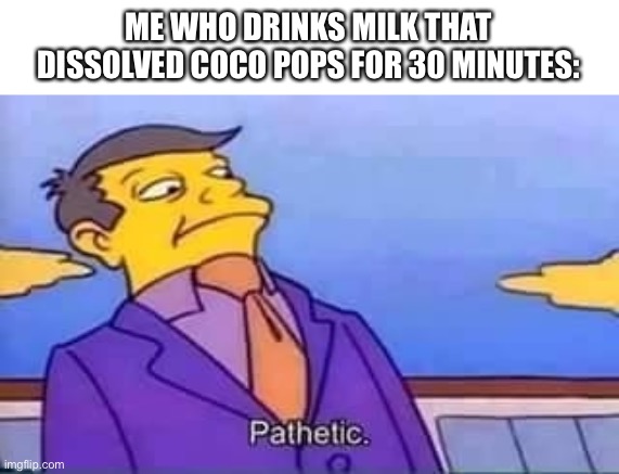 skinner pathetic | ME WHO DRINKS MILK THAT DISSOLVED COCO POPS FOR 30 MINUTES: | image tagged in skinner pathetic | made w/ Imgflip meme maker