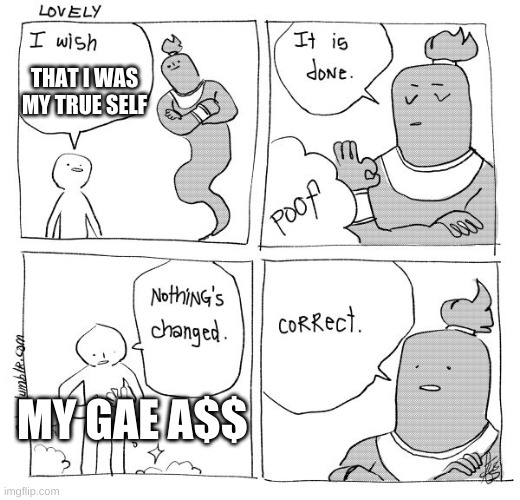 I Wish Genie Nothing's Changed | THAT I WAS MY TRUE SELF; MY GAE A$$ | image tagged in i wish genie nothing's changed | made w/ Imgflip meme maker