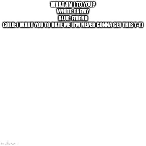 Blank Transparent Square | WHAT AM I TO YOU?
WHITE: ENEMY
BLUE: FRIEND
GOLD: I WANT YOU TO DATE ME (I'M NEVER GONNA GET THIS T-T) | image tagged in memes,blank transparent square | made w/ Imgflip meme maker