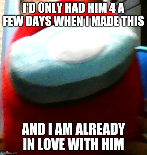 awwwwww | I'D ONLY HAD HIM 4 A FEW DAYS WHEN I MADE THIS; AND I AM ALREADY IN LOVE WITH HIM | image tagged in hug my plush | made w/ Imgflip meme maker