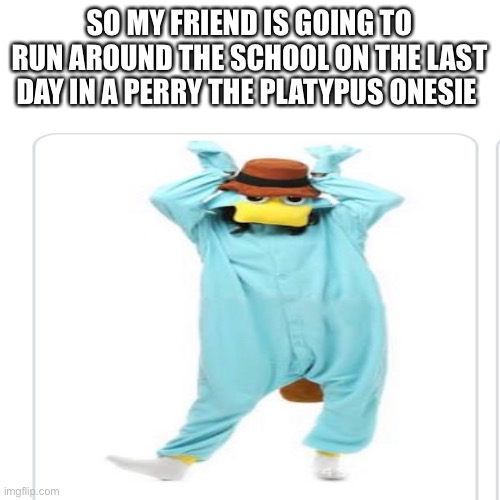 Going to happen |  SO MY FRIEND IS GOING TO RUN AROUND THE SCHOOL ON THE LAST DAY IN A PERRY THE PLATYPUS ONESIE | image tagged in funny memes | made w/ Imgflip meme maker