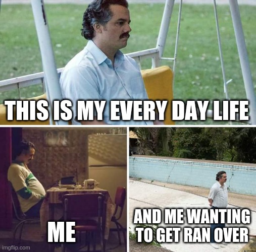 Sad Pablo Escobar Meme | THIS IS MY EVERY DAY LIFE; ME; AND ME WANTING TO GET RAN OVER | image tagged in memes,sad pablo escobar | made w/ Imgflip meme maker