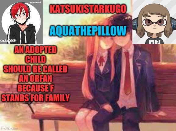 KatsukiStarkugoXAquathepillow | AN ADOPTED CHILD SHOULD BE CALLED AN ORFAN BECAUSE F STANDS FOR FAMILY | image tagged in katsukistarkugoxaquathepillow | made w/ Imgflip meme maker
