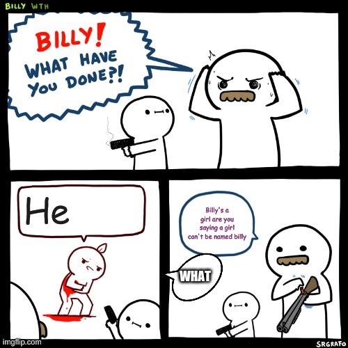 Billy, What Have You Done | He; Billy's a girl are you saying a girl can't be named billy; WHAT | image tagged in billy what have you done | made w/ Imgflip meme maker