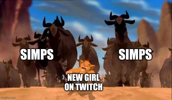 simp stampede | SIMPS                            SIMPS; NEW GIRL ON TWITCH | image tagged in twitch,simp,lion king | made w/ Imgflip meme maker