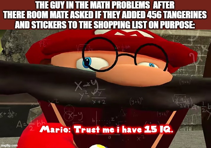 *confused room mate noises* | THE GUY IN THE MATH PROBLEMS  AFTER THERE ROOM MATE ASKED IF THEY ADDED 456 TANGERINES AND STICKERS TO THE SHOPPING LIST ON PURPOSE: | image tagged in trust me i have 15 iq | made w/ Imgflip meme maker