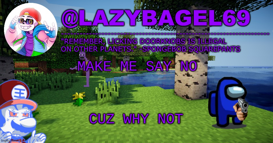 e | MAKE ME SAY NO; CUZ WHY NOT | image tagged in announcement thing 3 | made w/ Imgflip meme maker