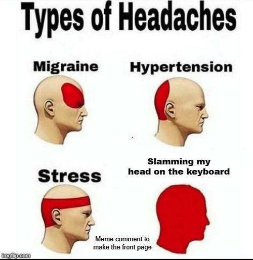 When your head has been like this every other day to make a meme | Slamming my head on the keyboard; Meme comment to make the front page | image tagged in types of headaches meme,funny but true | made w/ Imgflip meme maker