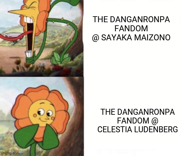Both of them did some screwed up stuff | THE DANGANRONPA FANDOM @ SAYAKA MAIZONO; THE DANGANRONPA FANDOM @ CELESTIA LUDENBERG | image tagged in cagney carnation | made w/ Imgflip meme maker