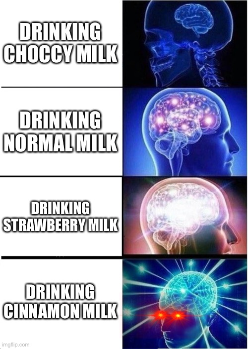 Why Did I Do This | DRINKING CHOCCY MILK; DRINKING NORMAL MILK; DRINKING STRAWBERRY MILK; DRINKING CINNAMON MILK | image tagged in memes,expanding brain | made w/ Imgflip meme maker