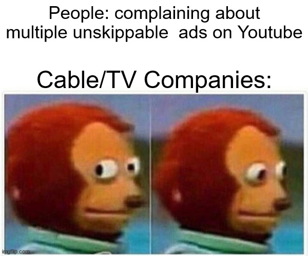 Monkey Puppet Meme | People: complaining about multiple unskippable  ads on Youtube; Cable/TV Companies: | image tagged in memes,monkey puppet | made w/ Imgflip meme maker