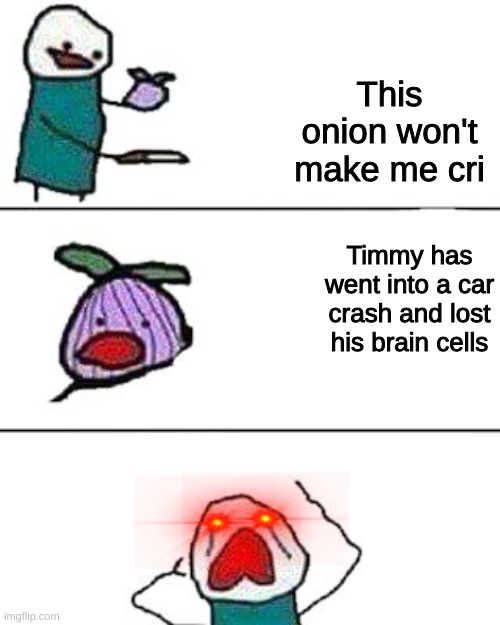 Poor timmy | This onion won't make me cri; Timmy has went into a car crash and lost his brain cells | image tagged in this onion won't make me cry,funny,timmy | made w/ Imgflip meme maker