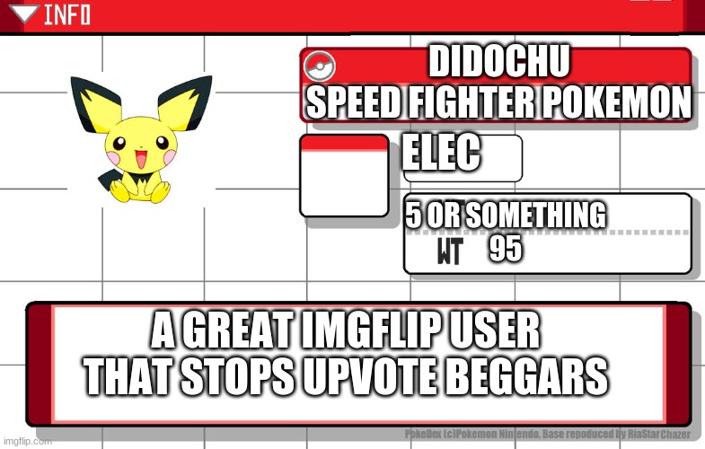 Imgflip username pokedex | DIDOCHU
SPEED FIGHTER POKEMON; ELEC; 5 OR SOMETHING
95; A GREAT IMGFLIP USER THAT STOPS UPVOTE BEGGARS | image tagged in imgflip username pokedex | made w/ Imgflip meme maker