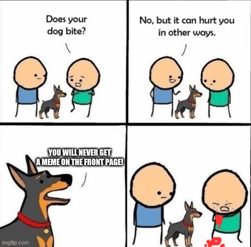does your dog bite | YOU WILL NEVER GET A MEME ON THE FRONT PAGE! | image tagged in does your dog bite | made w/ Imgflip meme maker