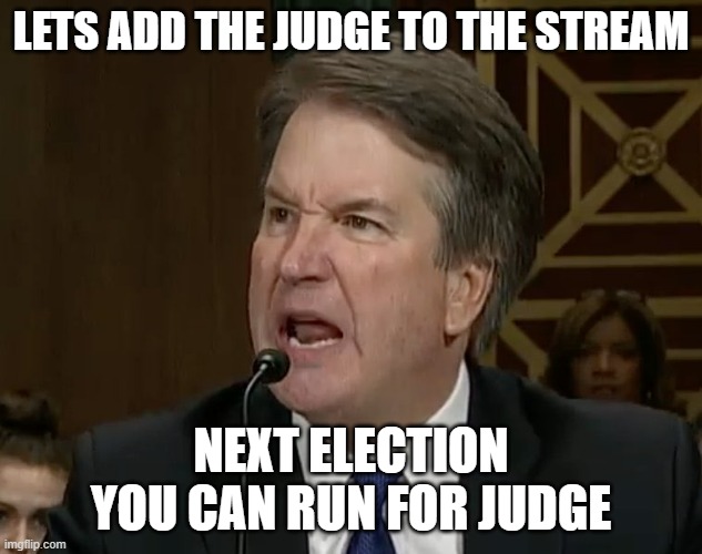 Who's with me? | LETS ADD THE JUDGE TO THE STREAM; NEXT ELECTION YOU CAN RUN FOR JUDGE | image tagged in raging kavanaugh,judge | made w/ Imgflip meme maker