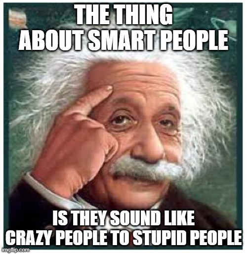 Albert | THE THING ABOUT SMART PEOPLE; IS THEY SOUND LIKE CRAZY PEOPLE TO STUPID PEOPLE | image tagged in albert einstein points at head | made w/ Imgflip meme maker