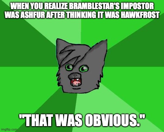 Warrior cats meme | WHEN YOU REALIZE BRAMBLESTAR'S IMPOSTOR WAS ASHFUR AFTER THINKING IT WAS HAWKFROST; "THAT WAS OBVIOUS." | image tagged in warrior cats meme | made w/ Imgflip meme maker