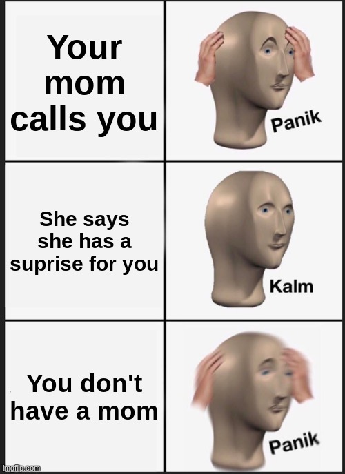 Who is this | Your mom calls you; She says she has a suprise for you; You don't have a mom | image tagged in memes,panik kalm panik | made w/ Imgflip meme maker